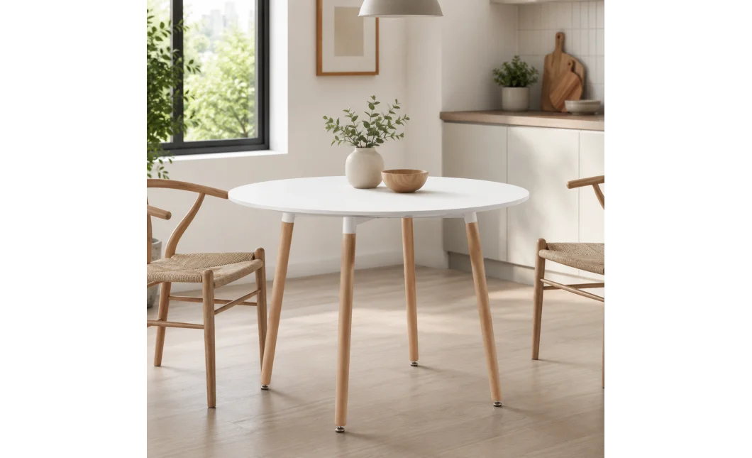 Jedálenský stôl Doros KAMI okrúhly 80 cm – biely / nohy vo farbe dreva (10038311)