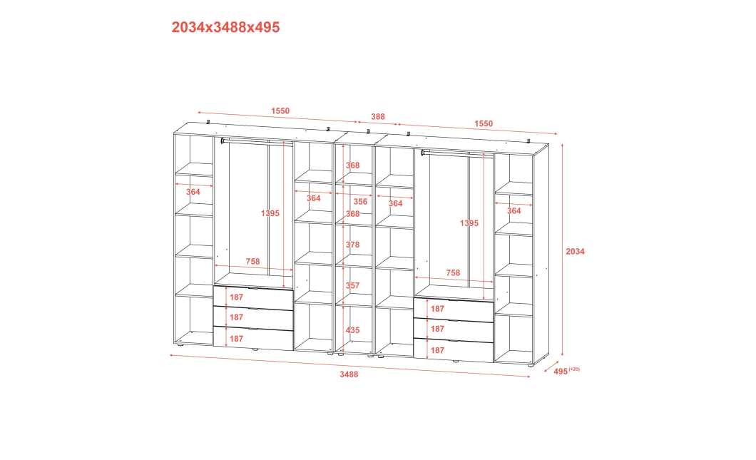 Set Doros Gelar s regálem Dub Sonoma 4+4 dveře 348,2×49,5×203,4 (42005053)