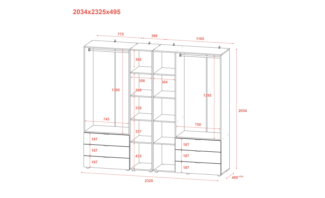 Set Doros Gelar s regálem Grafit 2+3 dveře 231,9×49,5×203,4 (42005057)