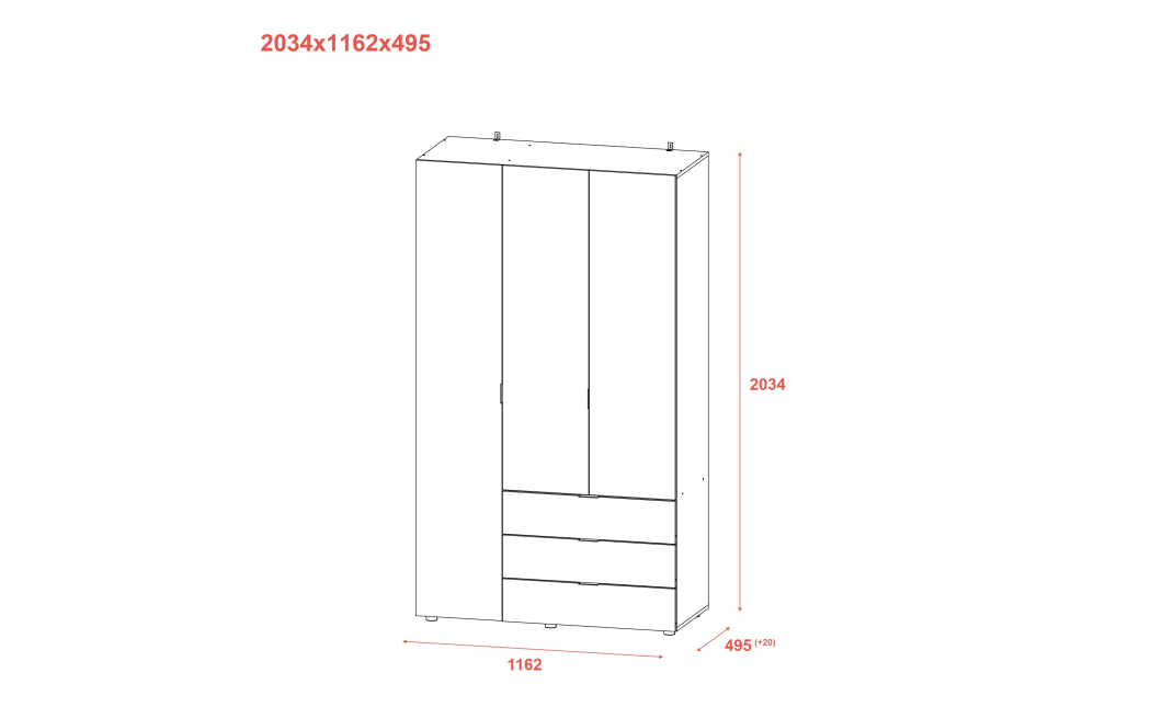 Šatní skříň na oblečení Doros Gelar Grafit 3 dveře 116,2×49,5×203,4 (80737074)