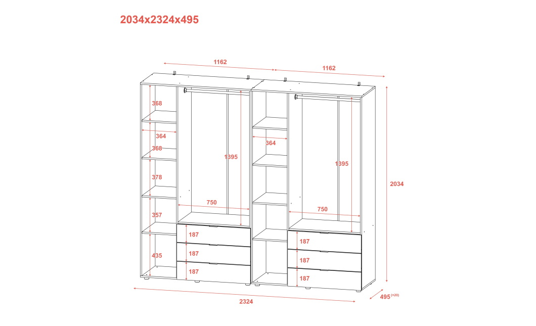 Šatní skříň na oblečení Doros Gelar set Bílá 3+3 dveře 232,4×49,5×203,4 (42002119)