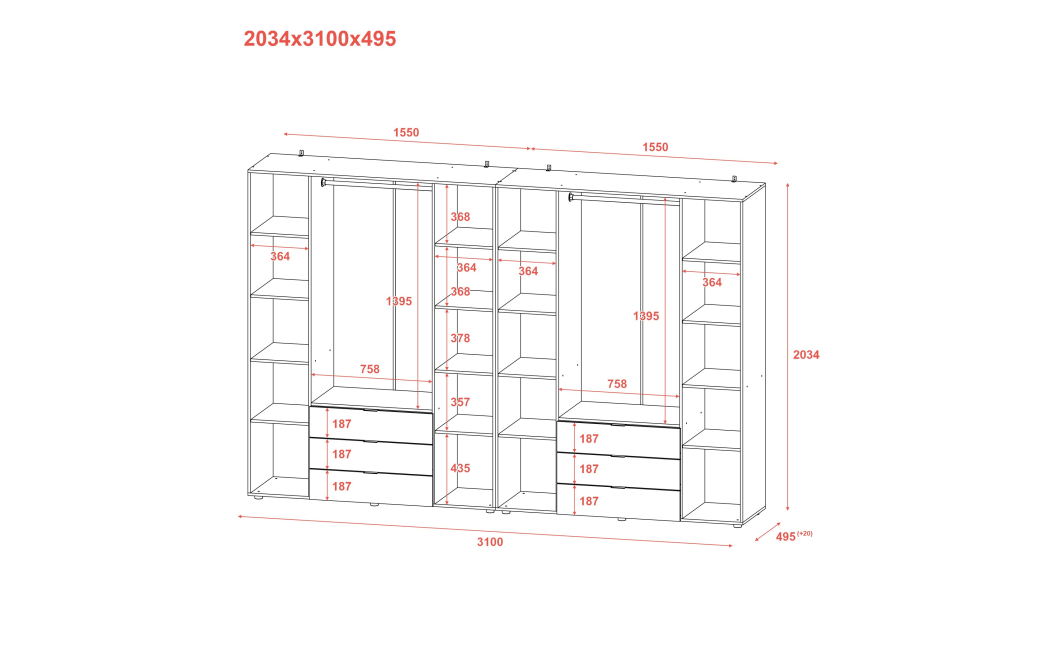Šatní skříň na oblečení Doros Gelar set Bílá 4+4 dveře 310×49,5×203,4 (42002121)