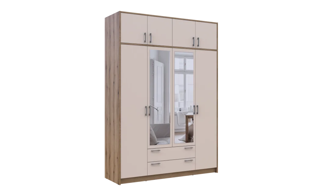 Šatní skříň Doros Rondy s nadstavcem a zrcadlem Dub Artisan/Kašmír 4 dveře 160x52x236 (80737831)