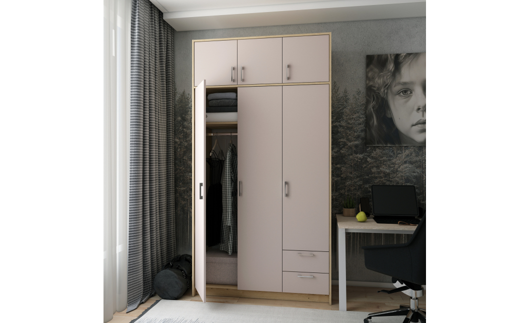Šatní skříň Doros Rondy s nadstavcem Dub Artisan/Kašmír 3 dveře 121x52x236 (80737819)