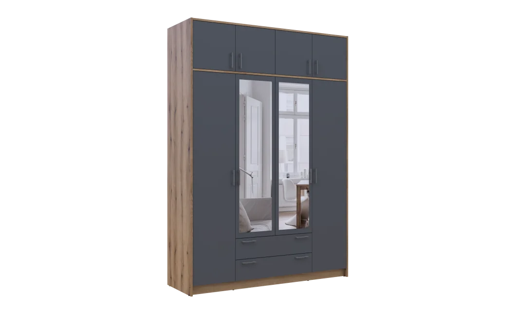 Šatní skříň Doros Rondy s nadstavcem a zrcadlem Dub Artisan/Graphit 4 dveře 160x52x236 (80737830)