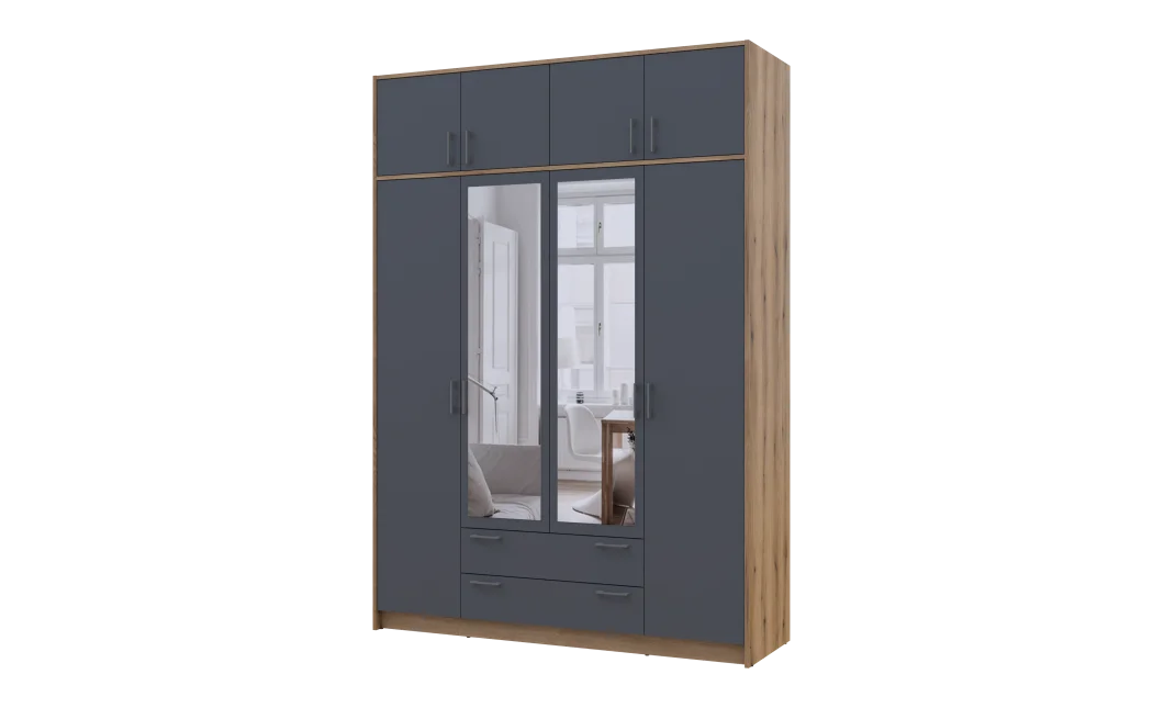 Šatní skříň Doros Rondy s nadstavcem a zrcadlem Dub Artisan/Graphit 4 dveře 160x52x236 (80737830)