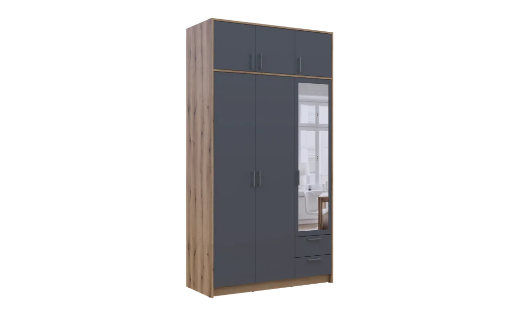 Šatní skříň Doros Rondy s nadstavcem a zrcadlem Dub Artisan/Graphit 3 dveře 121x52x236 (80737820)