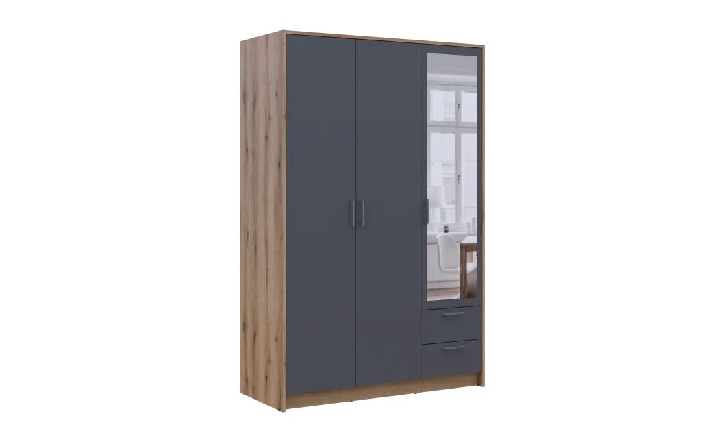 Šatní skříň Doros Rondy se zrcadlem Dub Artisan/Graphit 3 dveře 121x52x195 (80737816)