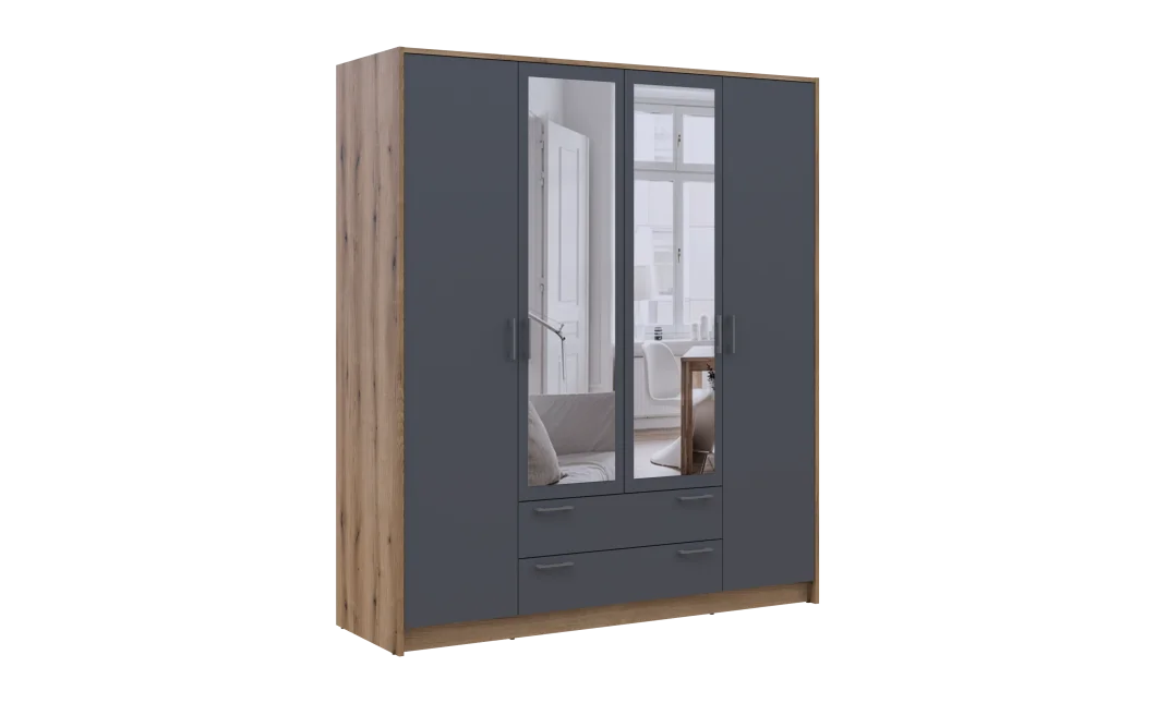 Šatní skříň Doros Rondy se zrcadlem Dub Artisan/Graphit 4 dveře 160x52x195 (80737826)