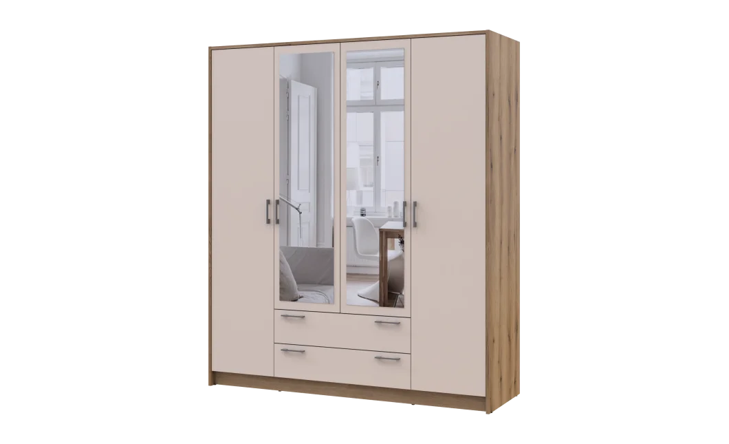 Šatní skříň Doros Rondy se zrcadlem Dub Artisan/Kašmír 4 dveře 160x52x195 (80737827)