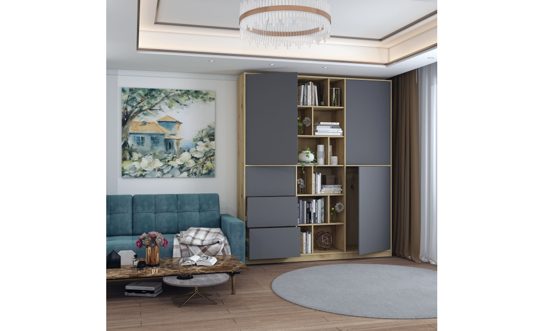 Skříň na oblečení Doros Morgan Grafit/Dub Artisan dveře/šuplíky DTD 180×40×210 (42002256)