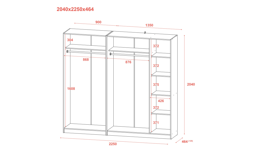 Skříň na oblečení set Promo Kašmír 2+3 dveře 225×48×204 (80737673)