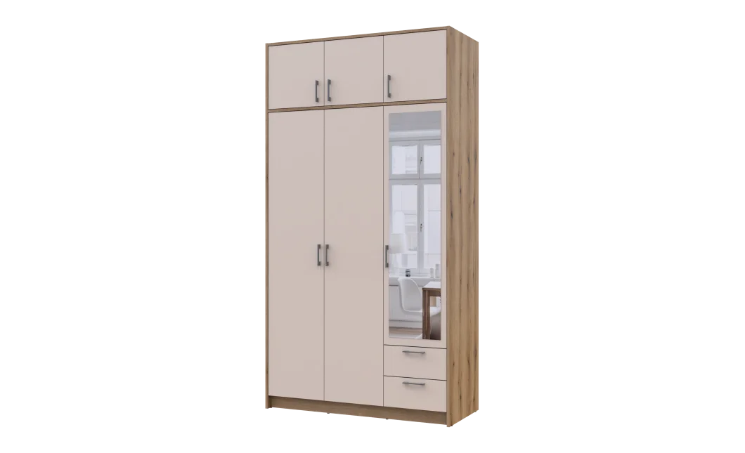 Šatní skříň Doros Rondy se zrcadlem a nadstavcem Dub Artisan/Kašmír 3 dveře 121x52x236 (80737821)