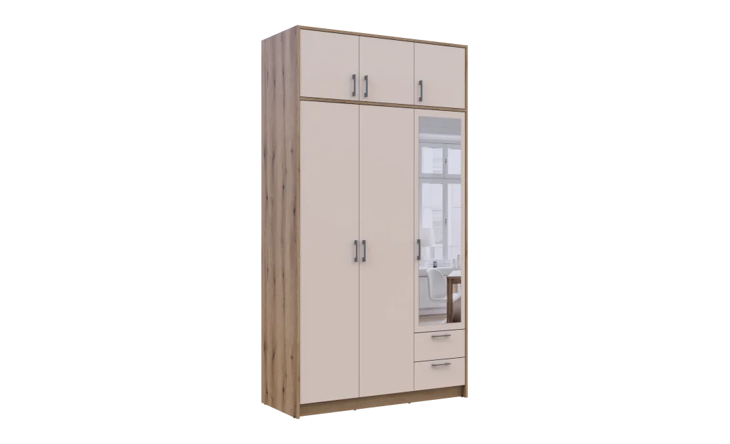 Šatní skříň Doros Rondy se zrcadlem a nadstavcem Dub Artisan/Kašmír 3 dveře 121x52x236 (80737821)
