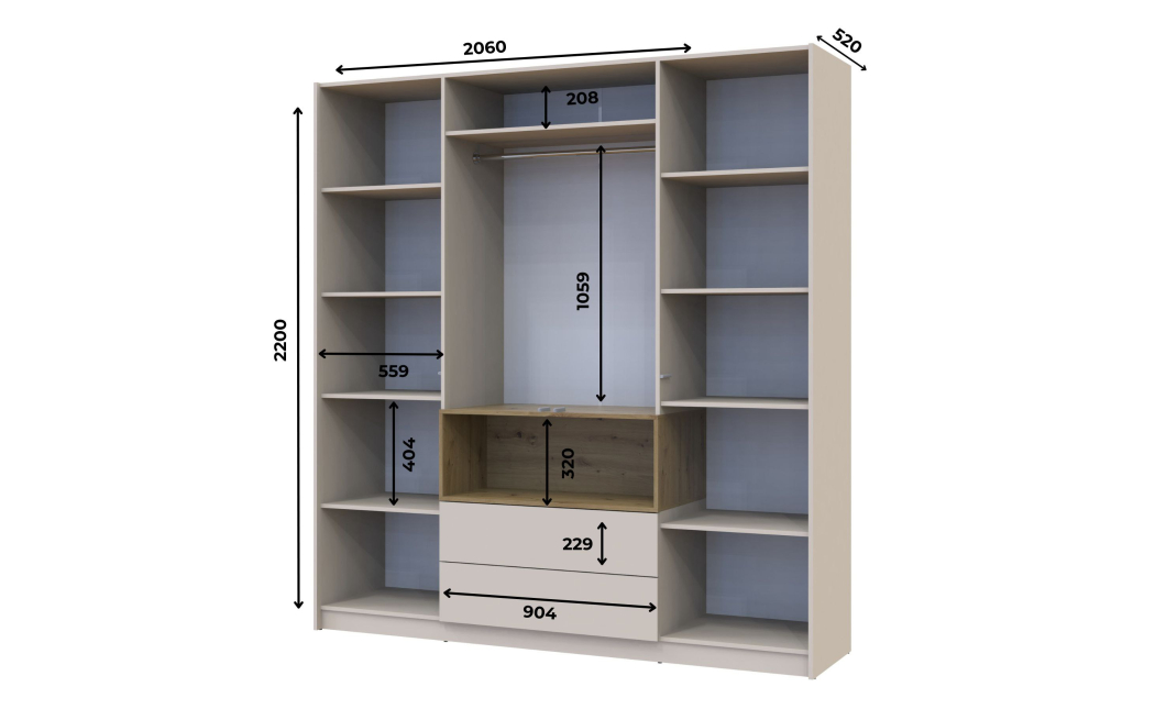 Skříň na oblečení s nikou Doros Dale Kašmír/Dub Artisan 4 dveře 206 × 52 × 220 (80737727)