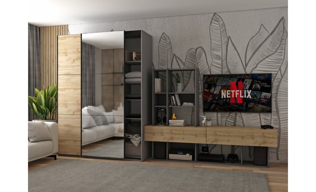 Šatní skříň s posuvnými dveřmi Doros G-Caiser Antracit / Dub Evok 1 dveře  / 1 zrcadlo / 3 části 160x60x240 (42005413)