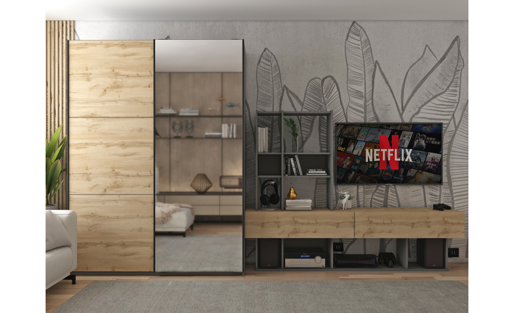 Šatní skříň s posuvnými dveřmi Doros G-Caiser Antracit / Dub Evok 1 dveře  / 1 zrcadlo / 3 části 160x60x240 (42005413)