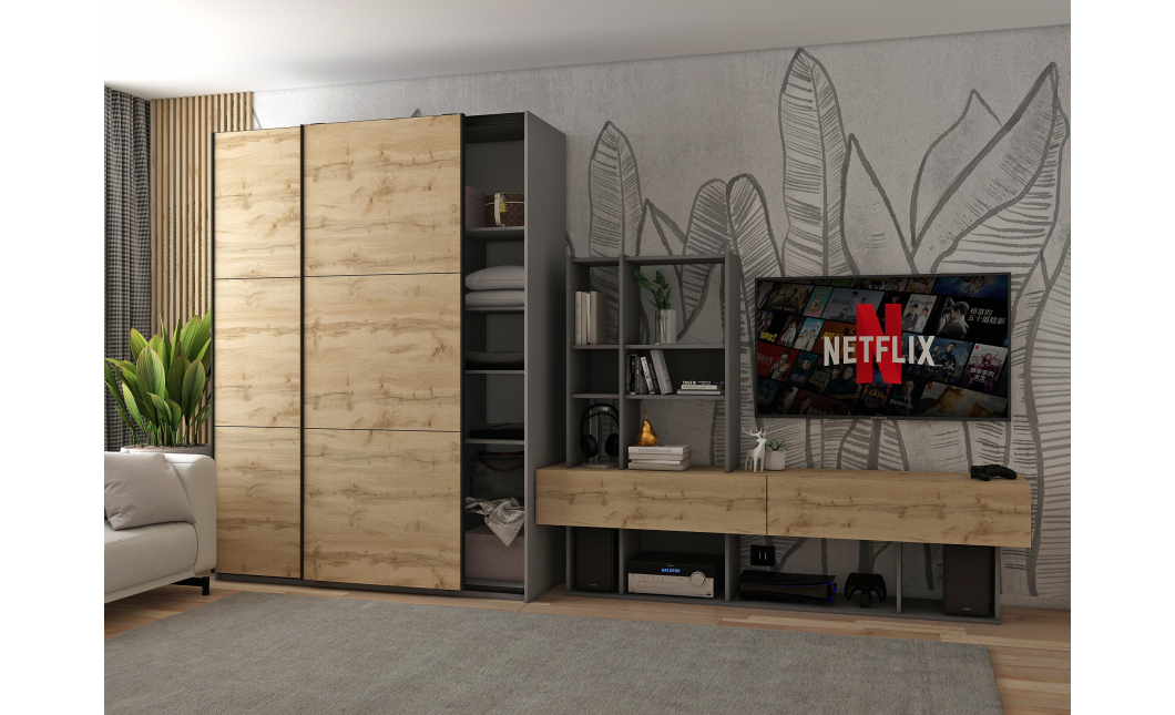 Šatní skříň s posuvnými dveřmi Doros G-Caiser Antracit / Dub Evok 2 dveře / 3 části 160x60x240 (42005414)